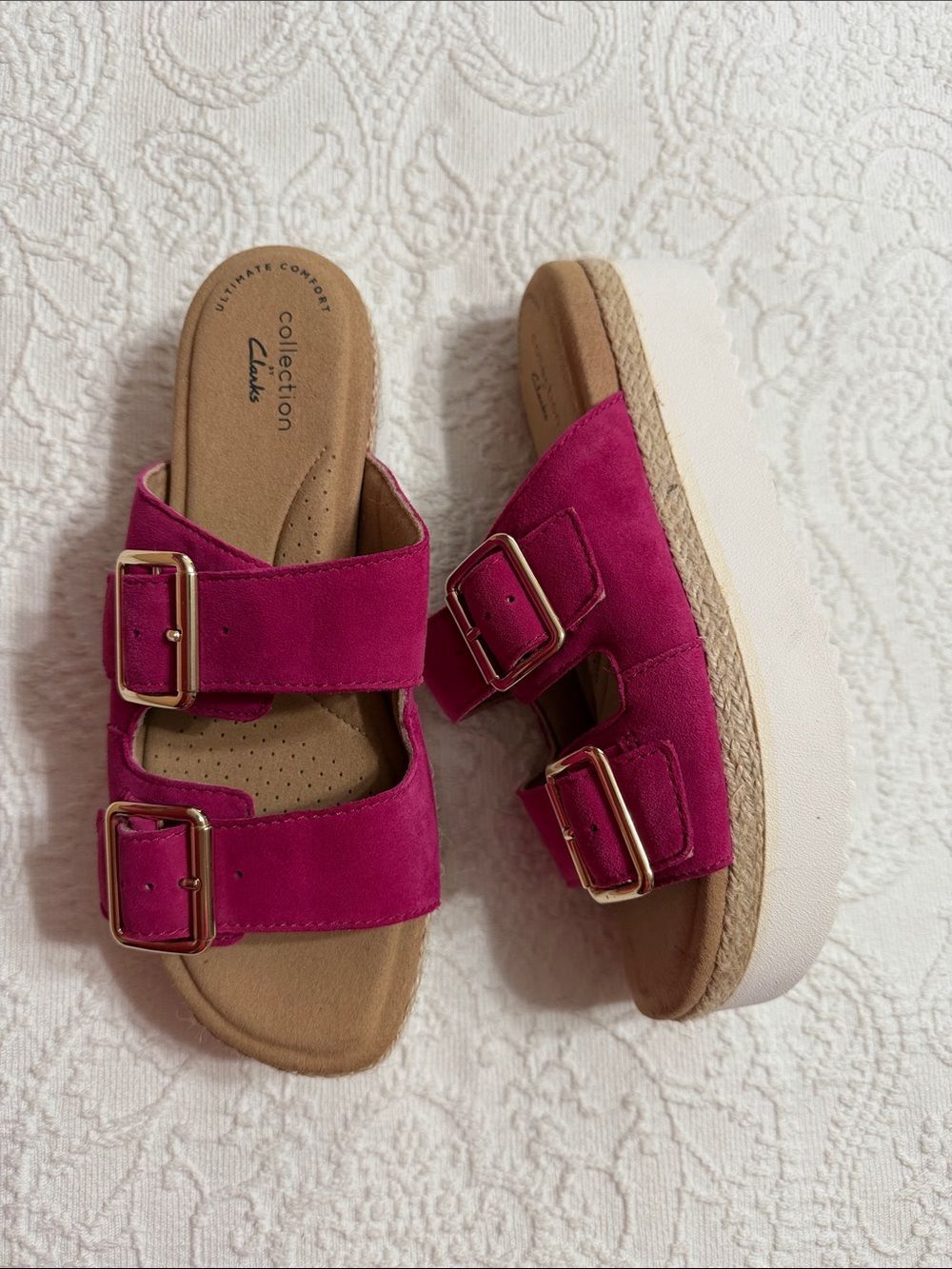 Size 6.5M Fuchsia Suede Double-Buckle Platform Mule Sandals